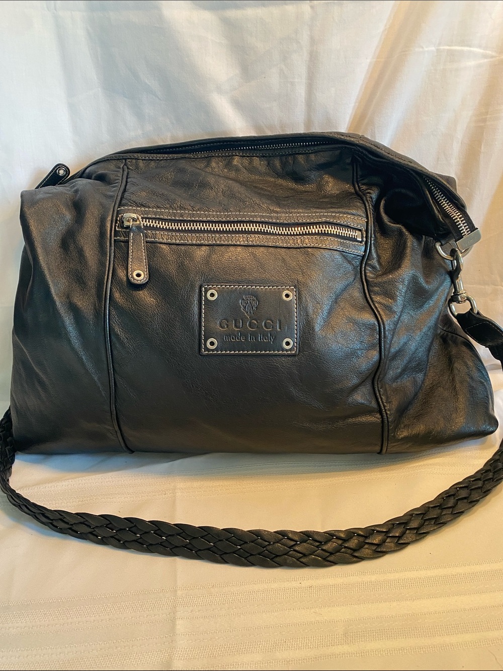 Gucci Large Black Leather shoulder Bag with Braided Strap 189678